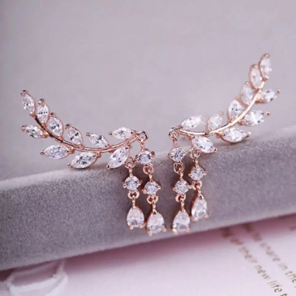 “Athena” Goddess Diamond Leaf Climber/Crawler Waterfall Crystal Bohemian Earring - Picture 8 of 9